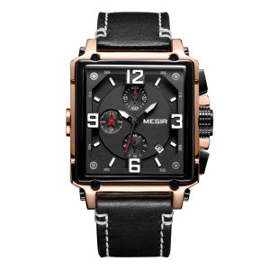 Megir Men Watches Genuine Leather Strap Fashion Male Square Case Quartz Wrist Watch