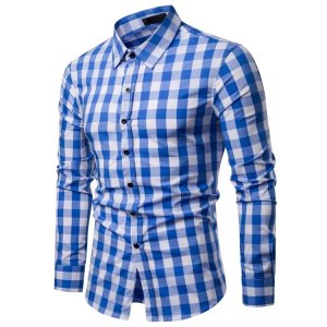 Mens Plaid Pure Cotton Grid Slim Fit Long Sleeve Casual Shirt