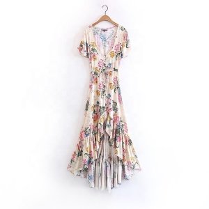 MOLI 2019 New Arrival Womans Boho Flower Fishtail Dress Short Sleeve  Floral Print Maxi  Ruffled Dress