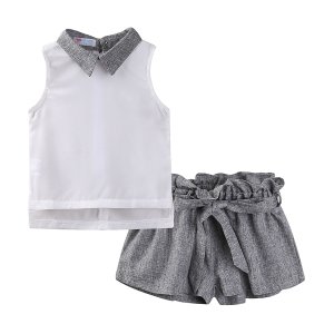 Mudkingdom little girl baby clothes fashion chiffon sleeveless white vest with lapel and loose grey shorts clothing kids set