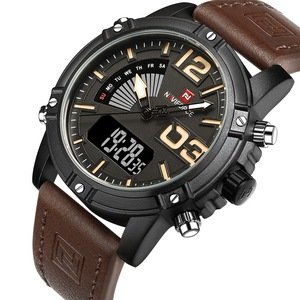 NAVIFORCE Watch 9095 Luxury Leather Waterproof Watches Men Wrist Digital Quartz Dual Display Wristwatches Relogio Masculino