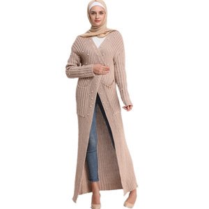 New Arrival  Modest Women Winter Thick Stretchy Pearl Knitted Sweater Casual Long Cardigan