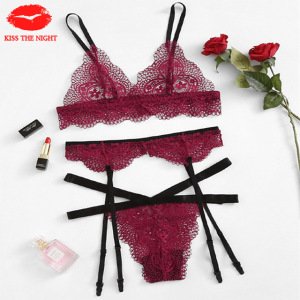 New Arrival Stocking Garter Woman Underwear Set A Three-piece Sexy Lace Lingerie