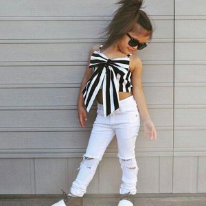 New Arrivals European Style Kid Clothes White Top Off Shoulder Ripped Jeans Set