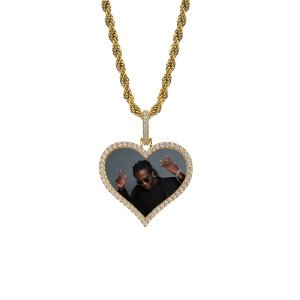 New Custom Hiphop Jewelry 18k Gold Plated Micro Pave AAA CZ 3D Heart Picture Frame Pendant Necklace