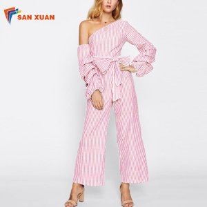 New Fashion Clothes Sexy Backless One Shoulder Long Sleeve Bohemian Casual Style Waist Belt Women Wide Leg Striped Jumpsuits