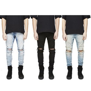 New Fashion Men Skinny Jeans Rip Slim Fit Denim Frayed Biker Scratched Hollow Out Long Jeans Trousers