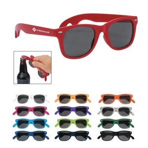 New folded black UV 400 protective lenses red frames logo printed earpieces bottle opener end multi-function cheap sunglasses