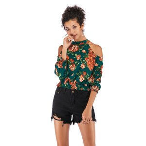 New print chiffon shirt blouse cropped sleeve women slim sexy tops off shoulder top