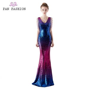 New v neck sexy sequin prom evening dresses contrast color beaded ball gown cocktail dress