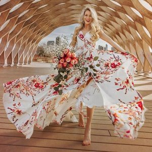 Nice lady frock bohemian clothing cap sleeve long bandage women wear floral print wedding dress boho
