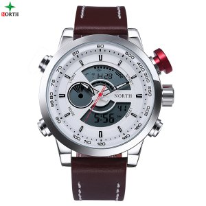 North 6015 New Casual Leather Band LED Digital Chronograph Analog Quartz Waterproof Multifunction Men Sports Wristwatch