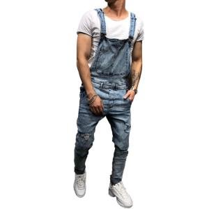 OEM custom new fashion wholesale 85% cotton blue ripped holes jumpsuits shoulder strap jeans for men