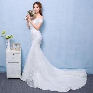 OEM wholesale New bride single word shoulder trailing lace D209 Korean style simple slim fishtail style wedding dress
