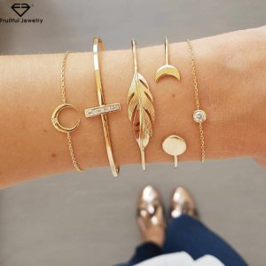 Open Watch Bracelet Set  5Pcs/Set  Gold Chain Moon Leaf Crystal Geometry Women Charm  Cuff Beach Jewelry Drop Shipping Fashion P