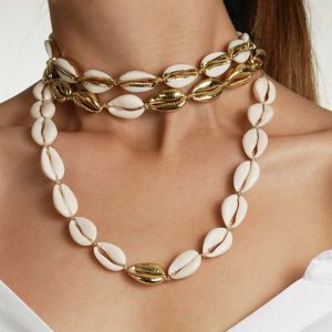 Original Nature White Shell Choker Necklace Beige Cord Gold Color Cowrie Shell Necklace