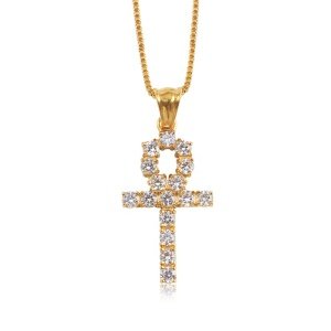 OUMI 18K Gold Plated Egyptian Ankh Key CZ Diamond Crystal Cross Pendant Necklace
