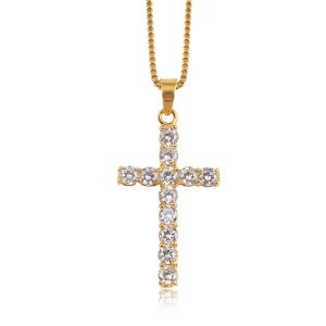 OUMI Stainless Steel Cubic Zirconia Gold Simple Design Cross Crystal Rhinestone  Mens Pendant Necklace