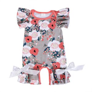 Peach floral short flutter sleeve girl ruffle romper baby romper newborn baby clothing
