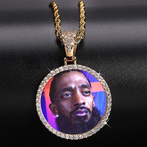 Photo memory medal hangtag necklace Micro-inlaid zircon gold plated brass hiphop mens necklace