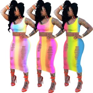 Plus size women sexy casual candy colors crop top and long bodycon skirt broken hole sleeveless set