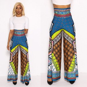Print Pant Women High Waist Stretch Boho Bell Bottoms Palazzo Wide Leg Pant Casual Loose Flared Pants Hippie TrousersW46