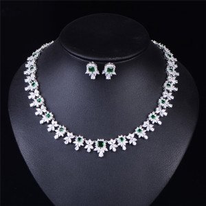 RAKOL European Wedding Style Green Stone Leaf Flower Necklace Zircon Jewelry Set S122