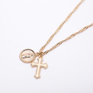 Religious Jewelry High Quality Gold Tone Double Pendant Choker Necklace Gold Coin Jesus Cross Pendant Necklace