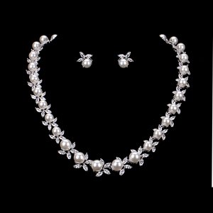 Rhodium Silver Plated Shell Pearl & Cubic Zirconia Crystal Necklace and Earring Bridal Wedding Jewelry Set