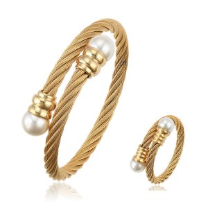 S-219 14k/18k/22k/24k two piece jewelry set new women stainless steel gold plated cuff cable bangle+ring latest designs