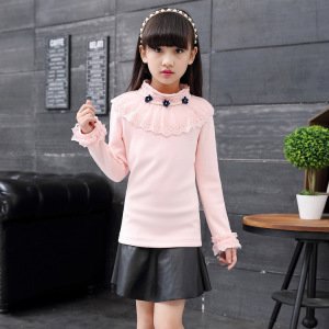 S32065W Girls Lace Blouse for School Children Girls Blouses Baby Girls Long Sleeved Lace White Shirts Tops