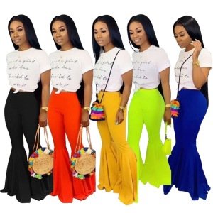 sales promotion solid color high waist flared trousers women long pant