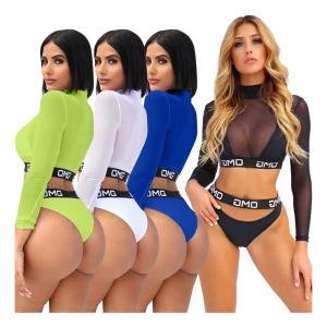 SALS6134 summer beach wear sexy two piece bikini and long sleeve high neck cover up crop top fashion women three piece swimsuit