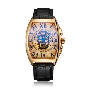 SEWOR Men Automatic Mechanical Watches Antique Tonneau Leather  Skull Watch Luxury Gold Skeleton Watch Clock for Men