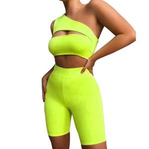 Sexy Short Two Piece Set Women One Shoulder Neon Crop Top And Biker Shorts Bodycon Matching Sets Summer Y11826