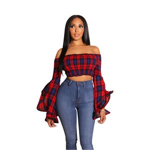 Sexy summer chiffon plaid flare long sleeve off shoulder lastic crop tops for women