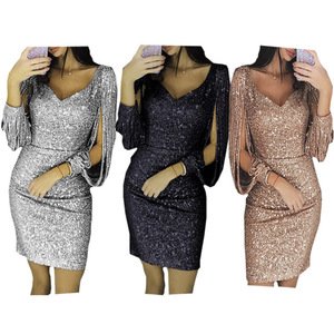 Sexy Women slim bag hip dress V-neck sequined tassel long-sleeved Party Bodycon Dress Ladies Night Out Club Dresses