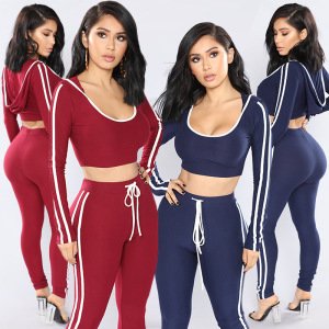 Sexy Women Two Piece Tracksuit Long Sleeve Hooded Crop Tops Lace Up Playsuit XYZ L6994