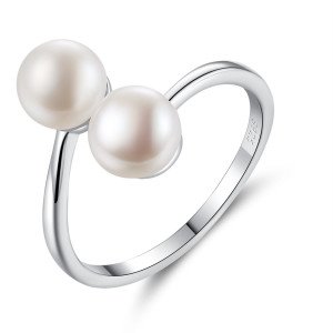 Simple Natural freshwater pearl 925 sterling silver jewellery opening double pearl ring women
