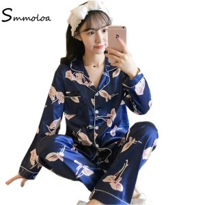 Smmoloa Women Satin Pajamas Long Sleeve Sleepwear Female Two Piece Set Silk Pajamas Plus Size