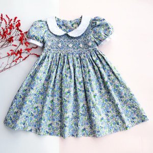 smocked dress girls flower clothes puff sleeve corduroy peter pan collar boutiques children clothes wholesale lots 588