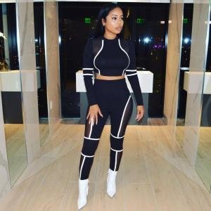 Sports suit polyester Elastic Fly Long Sleeve Mid Patchwork Skinny two-piece suit