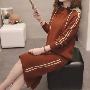 spring autumn casual sport style women knitted striped two piece hoodie jumper sweater dress lady winter pullover suit twin-sets