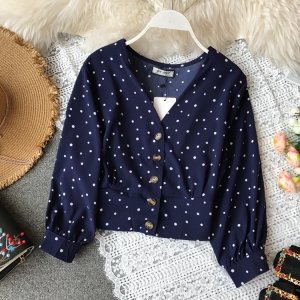 Spring Korean Chic Ladies Shirt V-neck Puff Sleeves Vintage Polka Dots Blouse With Buttons Cropped Tops Woman Fashion E201912