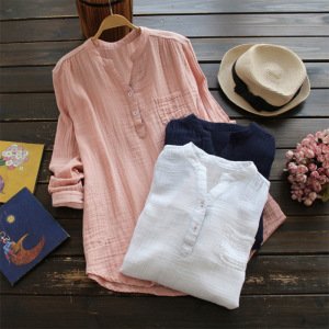 Spring Women Oversized V Neck Long Sleeve Loose 100% Cotton Tops Party Shirt Casual Vintage Work OL Blouse ED038