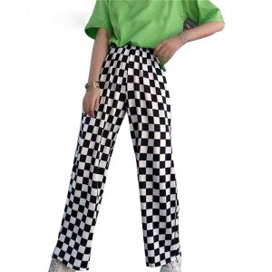Streetwear Plaid Women Pants Elastic Waist Full Length Black White Checkered Casual Loose Trousers for Wholesale and Dropship