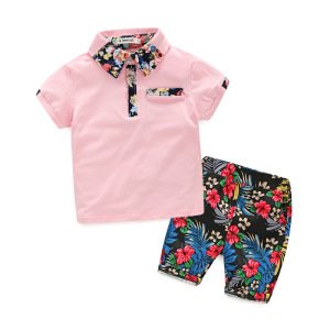 summer new children boy Korean version of the lapel POLO shirt printed shorts 2 sets boys clothing