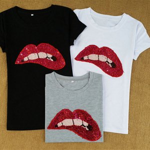Summer new women's European and American sequins red lips round neck short-sleeved T-shirt