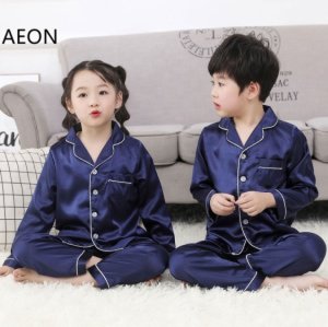 Toddler Boys and Girls Soft Silk Satin Pajamas Set Pure Color Short and Long Pyjamas Set Sleepwear