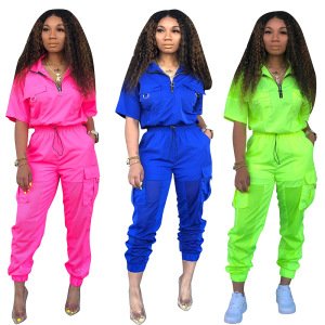Turn Down Collar Mesh Patchwork Half Sleeves 2XL Plus Size  Casual Sports jumpsuit Woman CM572